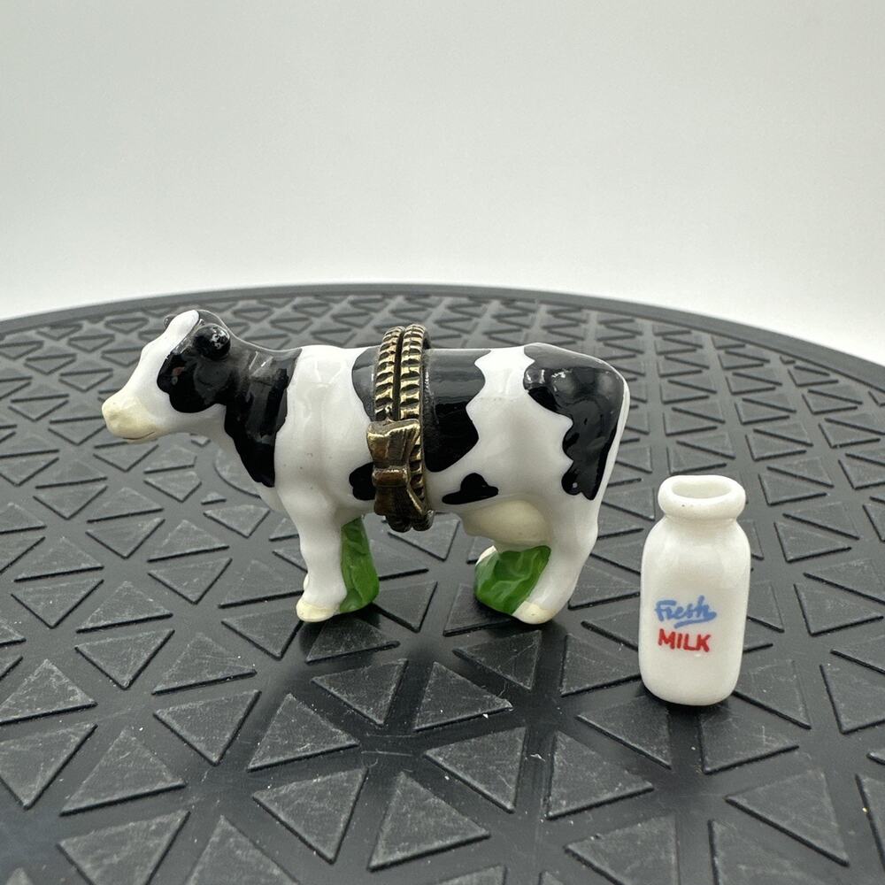 PHB Midwest Of Cannon Falls Black & White Cow Trinket Box w/ Milk Bottle